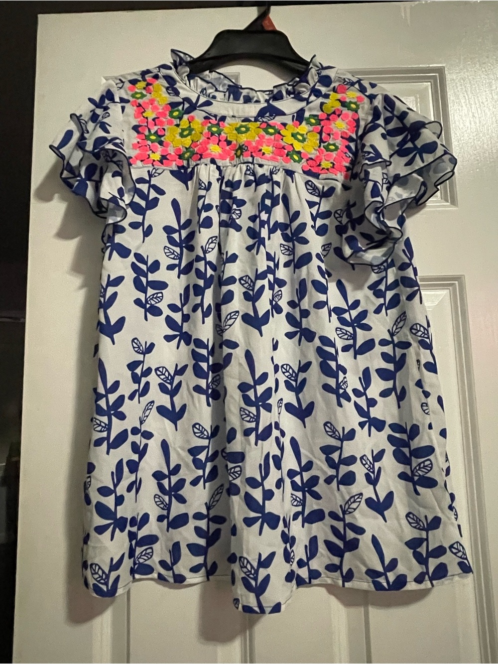 JODIFL White & Blue Floral Blouse with Neon Embroidered Yoke